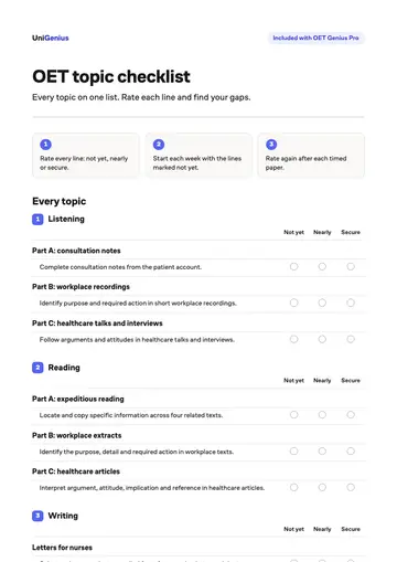 Page one of the OET topic checklist