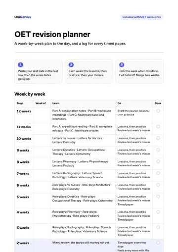 Page one of the OET revision planner